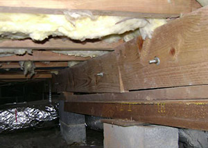 A sagging crawl space with concrete supports and wooden shimming a Matawatchan crawl space